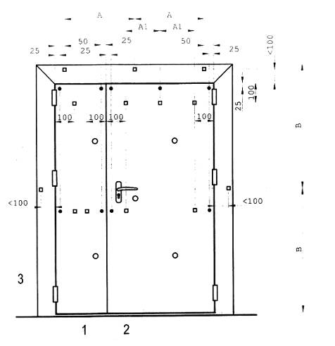 Hình 14 - Ví dụ về bố trí chung vị trí các đầu đo nhiệt trên bề mặt không tiếp xúc với lửa (mẫu cửa một cánh bề rộng 1 200 mm)